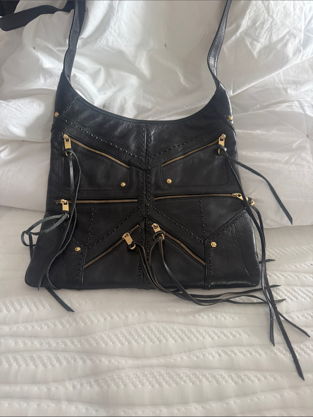 Rebecca Minkoff Black Leather Crossbody with Gold-Zip Accents